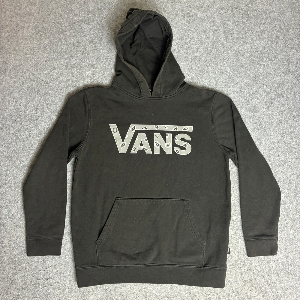 Vans Hoodie Boys Large Black Excellent Paisley Logo Pullover Fleece Sweatshirt